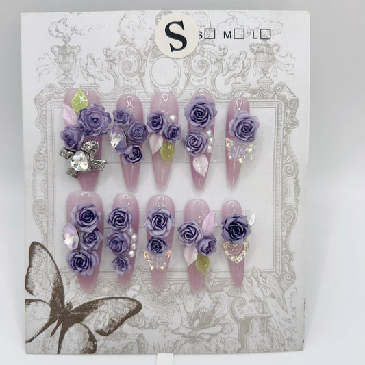 Purple Long Stiletto Press On Nails with Rhinestone 2D Flowers – Small Size