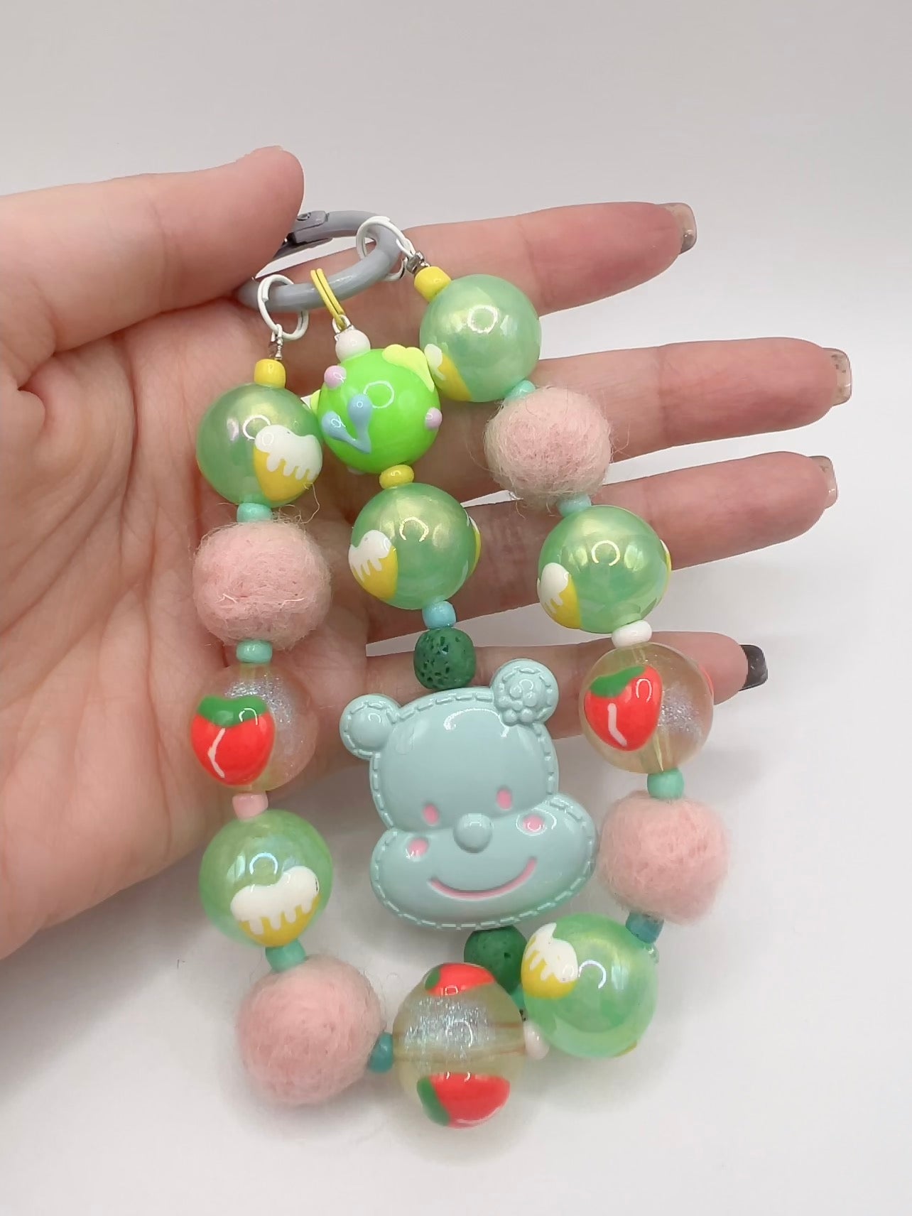 Handmade Kawaii Keychain: Cartoon Bear, Pom Charm
