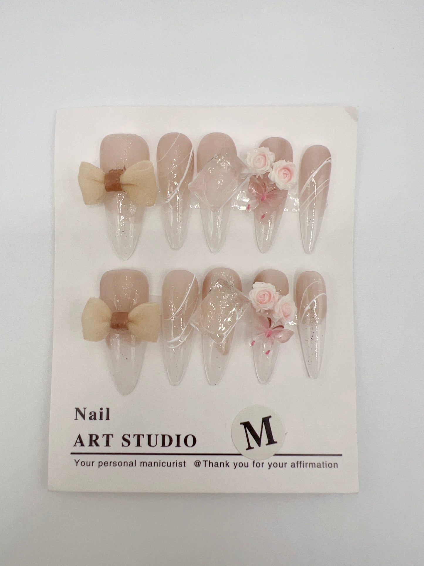 Long Stiletto Press On Nails with Bow and 2D Flowers – Medium Size