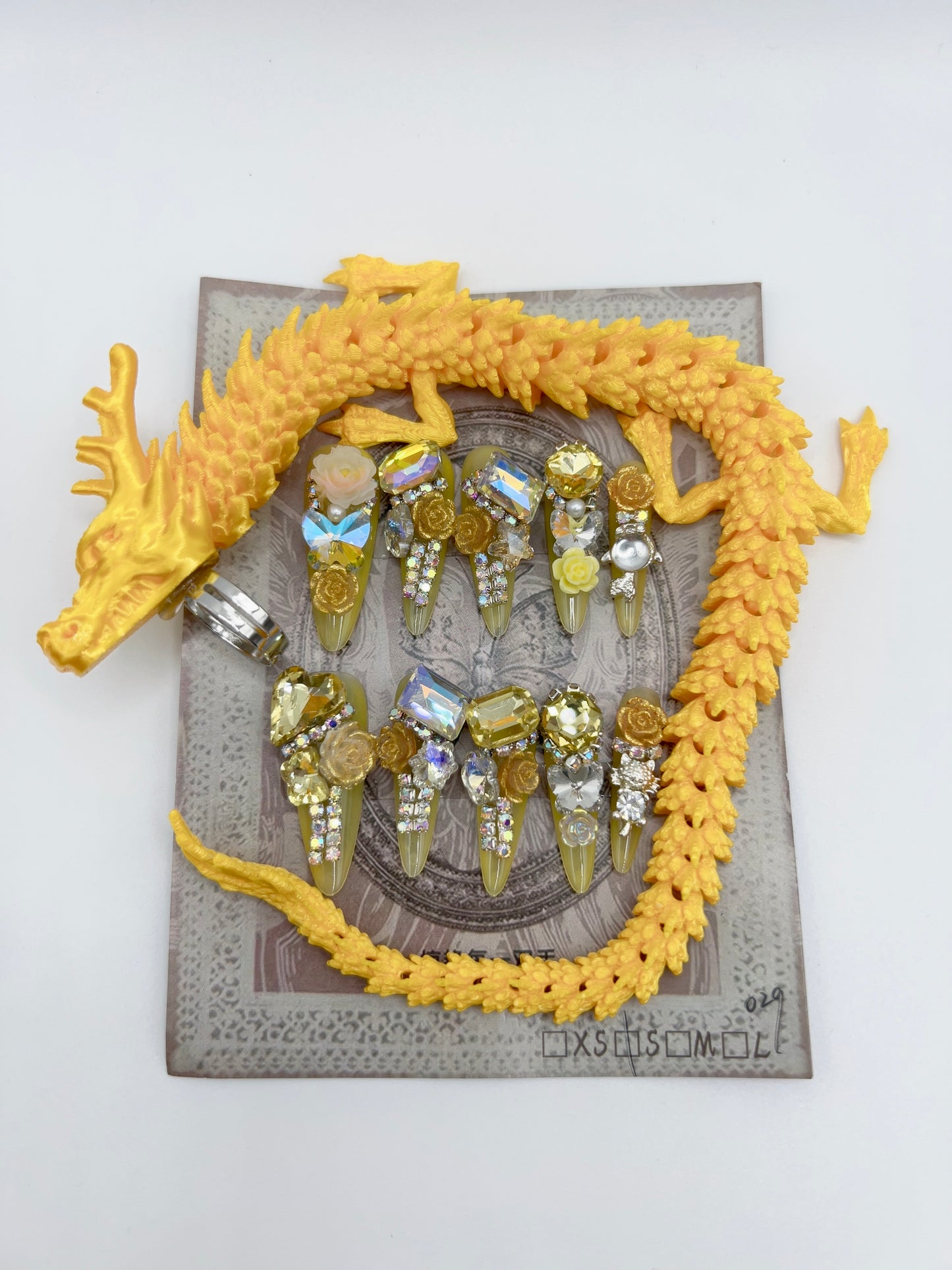 Luxury Rhinestone Press-On Nails with 3D Flower Charms & Dragon Rings – Long Stiletto, Small Size, Reusable