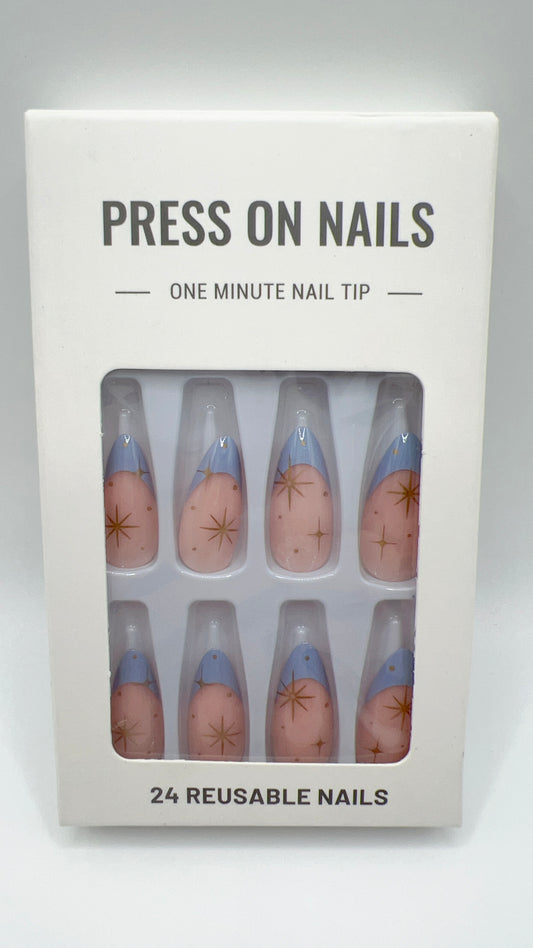 24 pcs Almond Press-On Nails – French Tip with Star, Fashionable Style