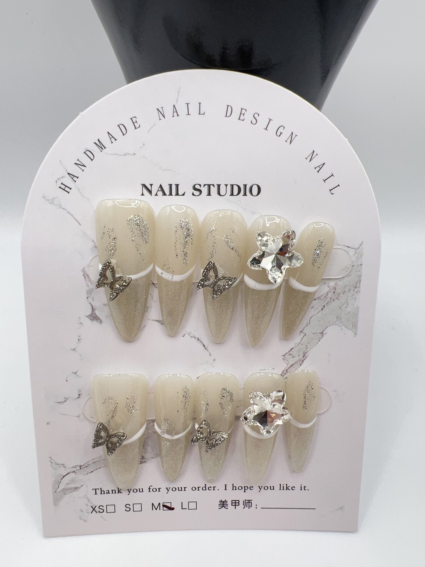 Long Stiletto Press On Nails with Rhinestone Charms – 10 Designs, Medium Size