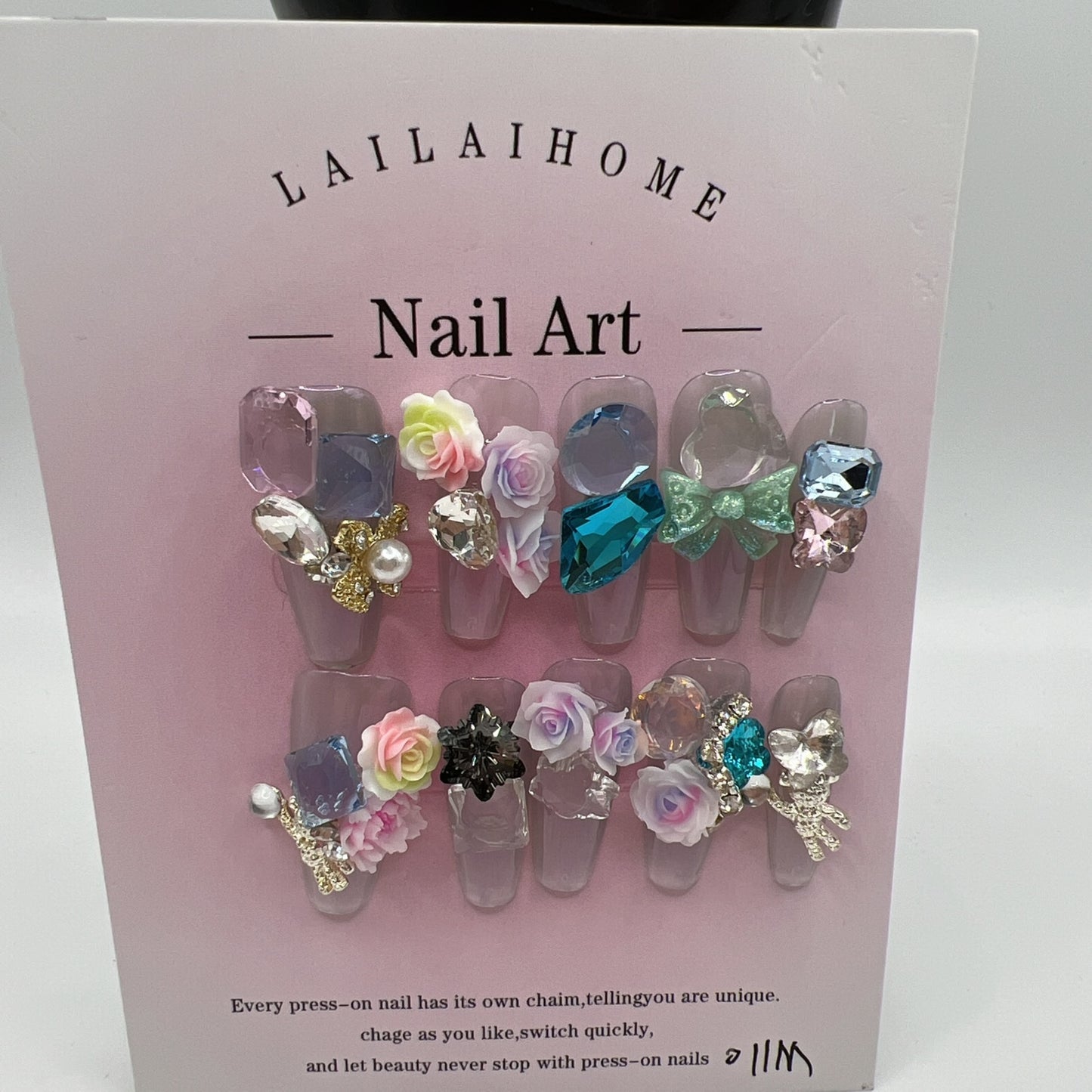 Long Coffin Press On Nails with Heavy Rhinestone & 2D Flower Charms – 10 Designs, Medium Size