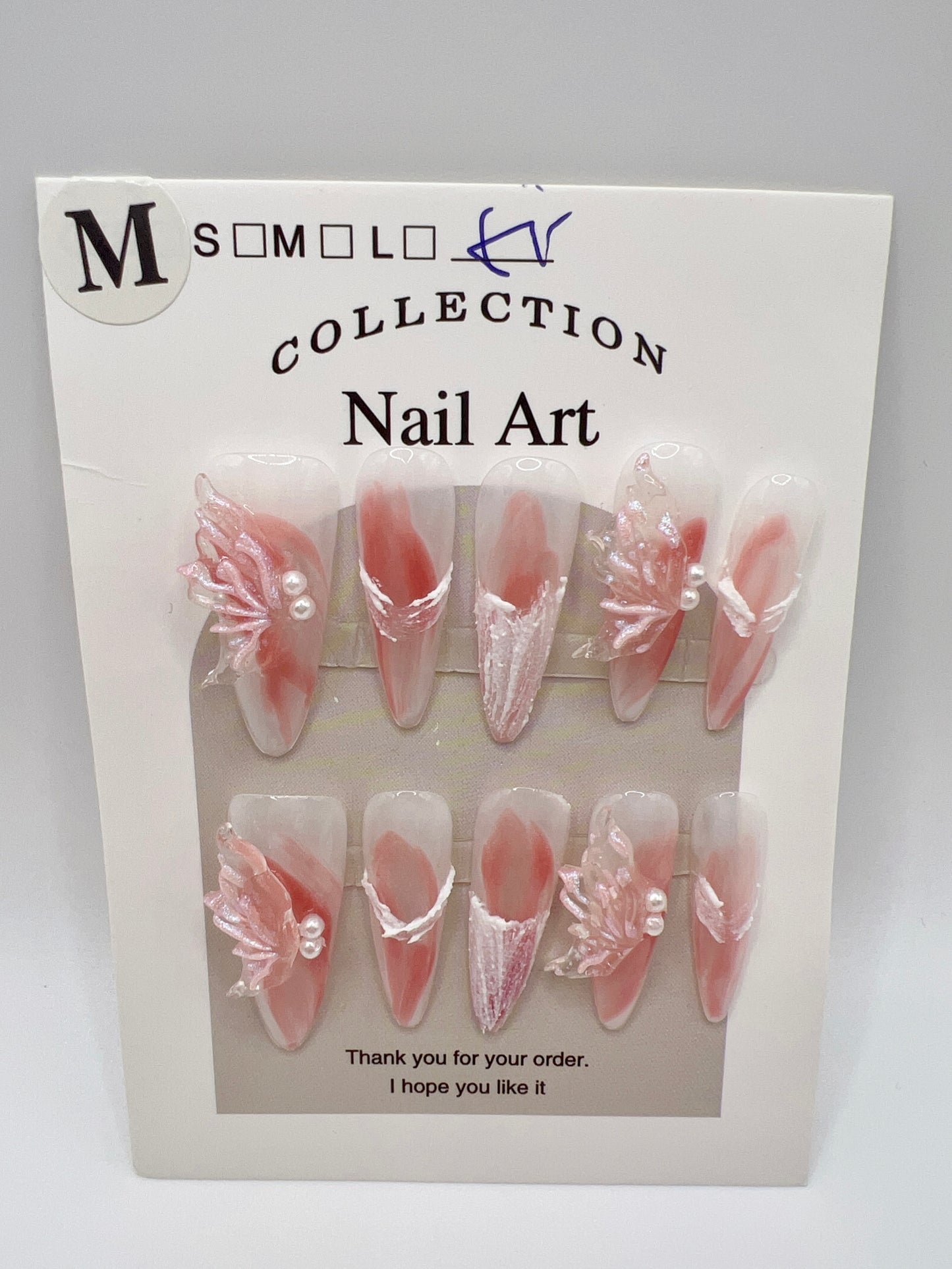 Pink Long Stiletto Press On Nails with Half Wing and Pearl – Medium Size