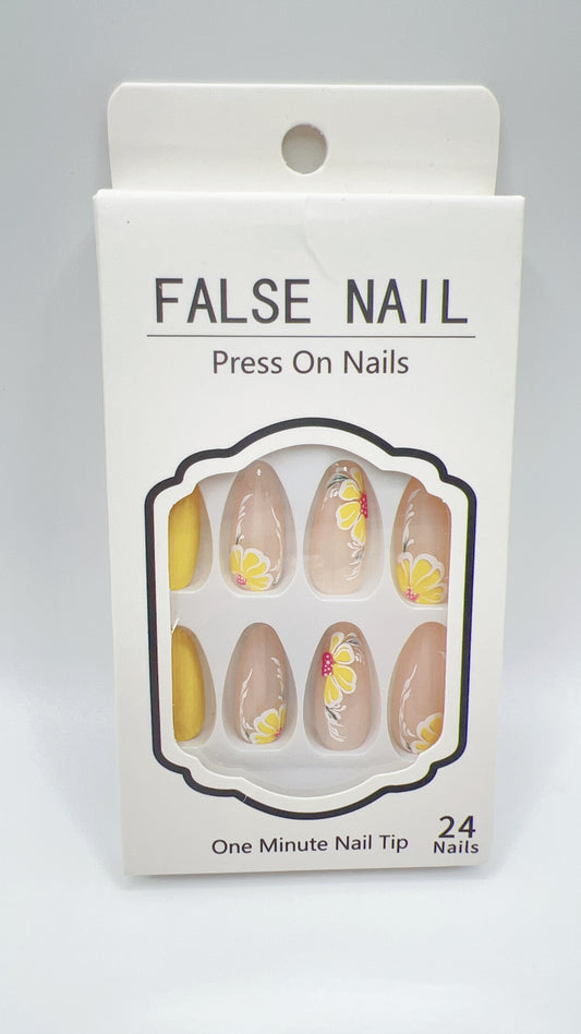 24pcs Almond Press On Nails with Flower Yellow 23–25mm Fit All Sizes