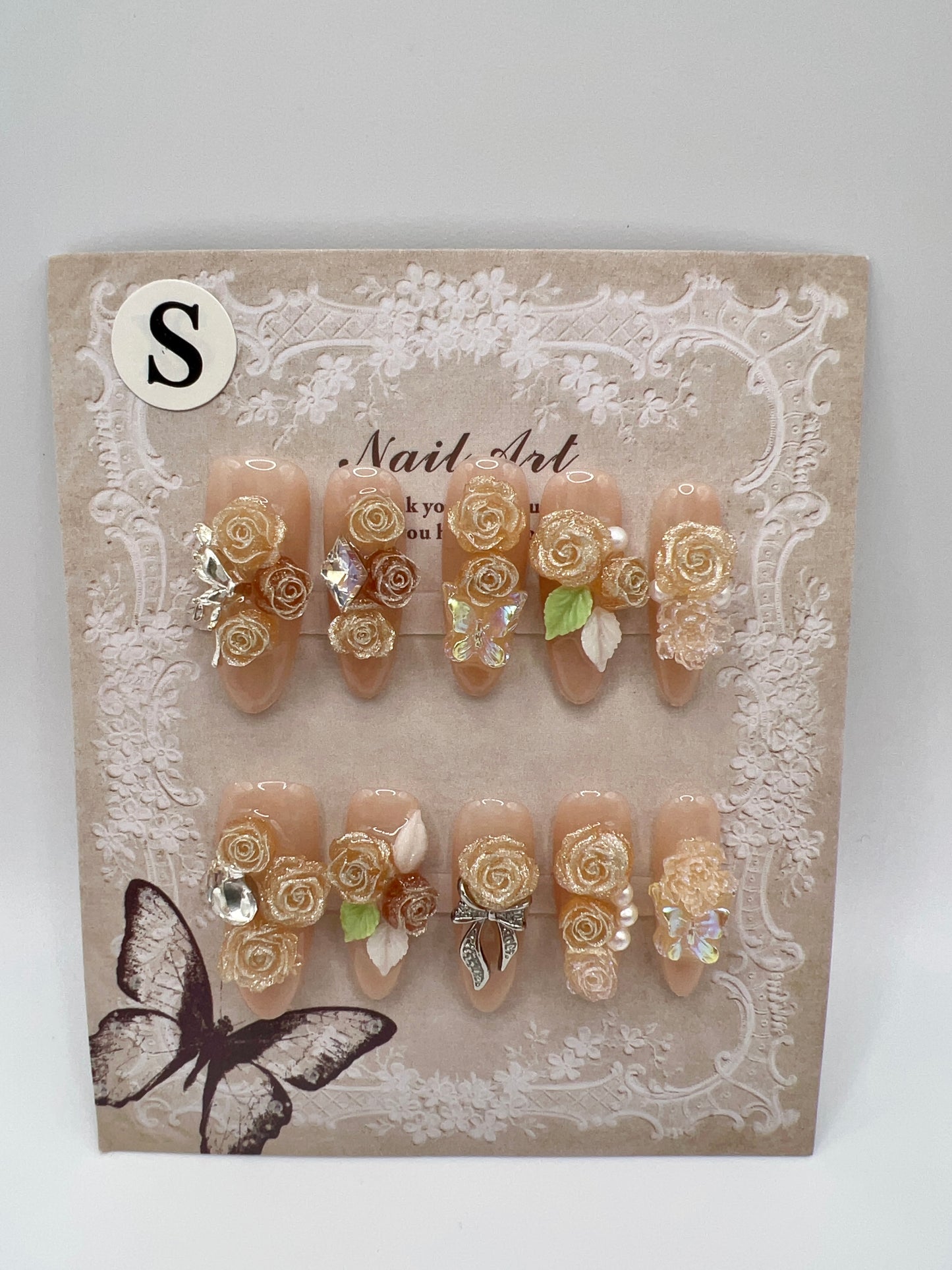 Long Oval Press On Nails with Rhinestone & 2D Flowers – Small Size