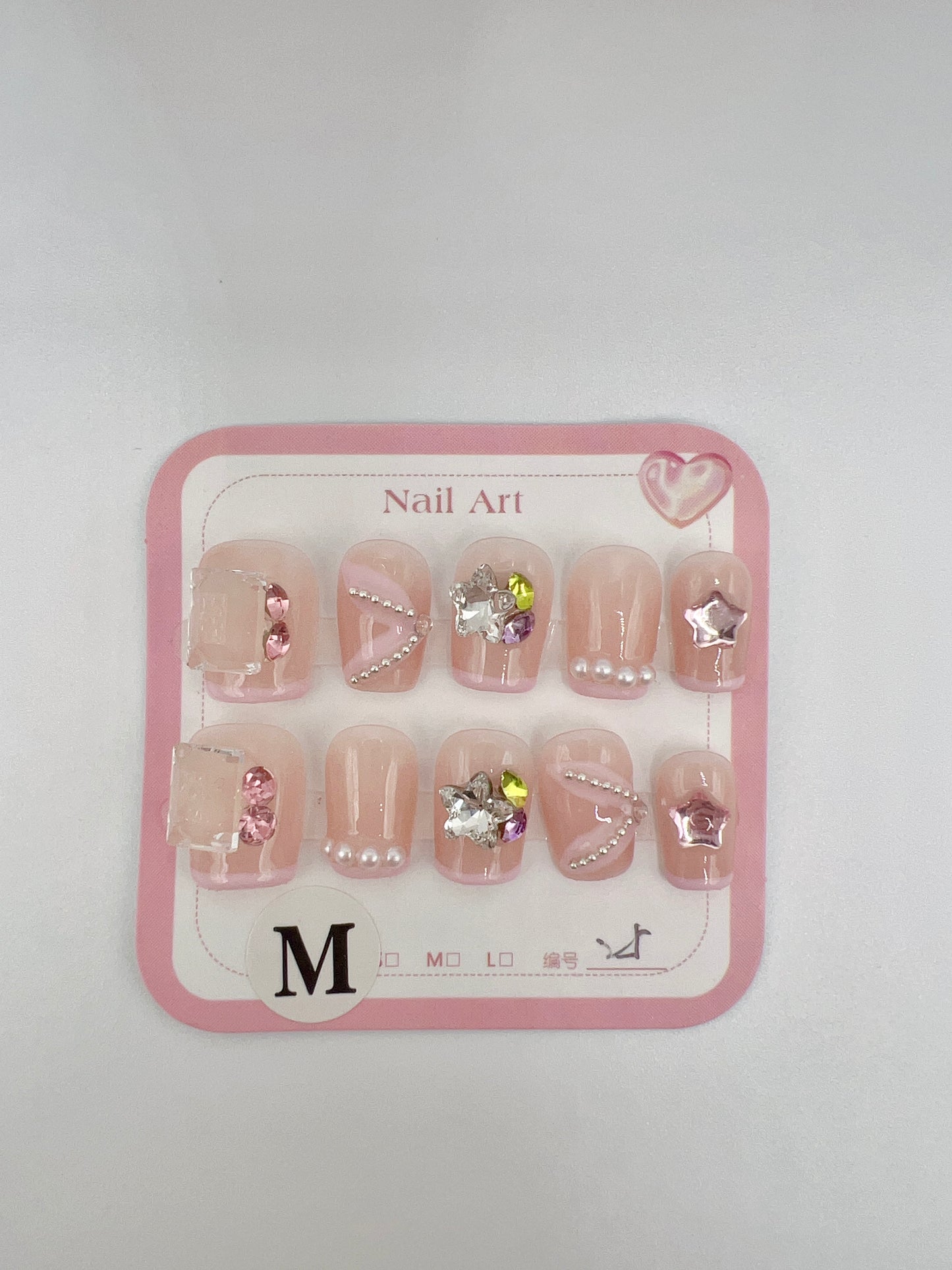 Pink Short Square Press On Nails with Rhinestone – Medium Size