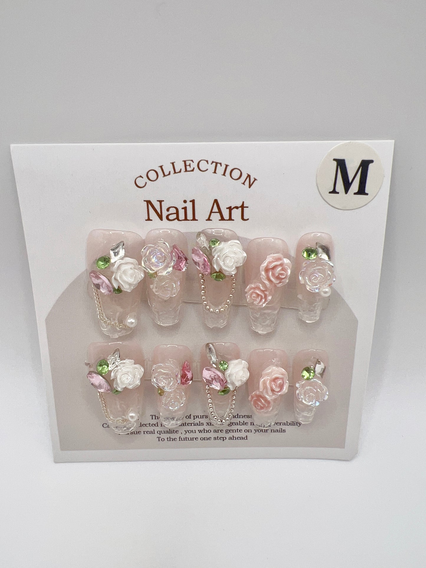 Medium Coffin Press On Nails with Rhinestone and 2D Flower