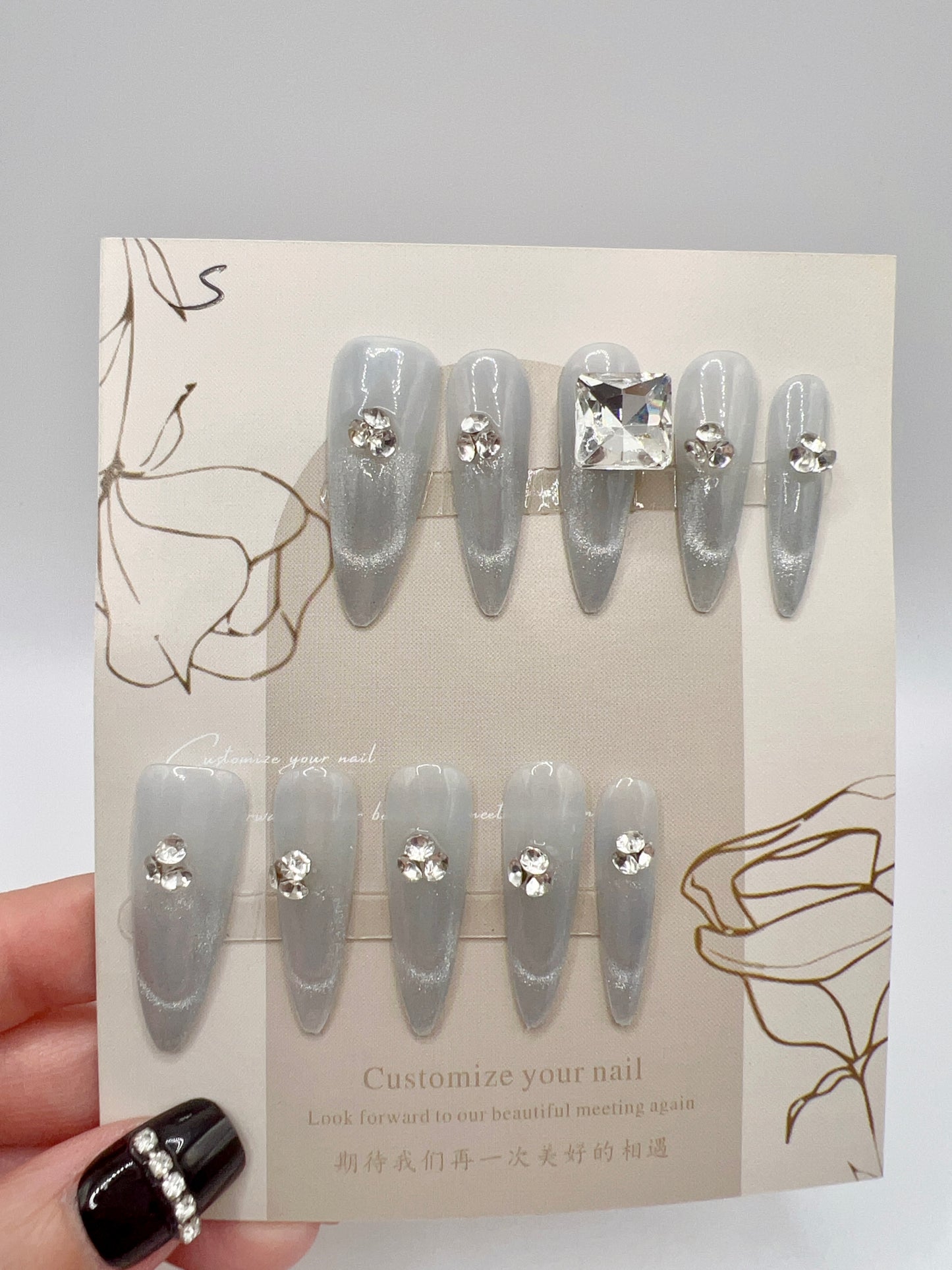 Long Stiletto Press On Nails with Rhinestone and Shimmer – Small Size