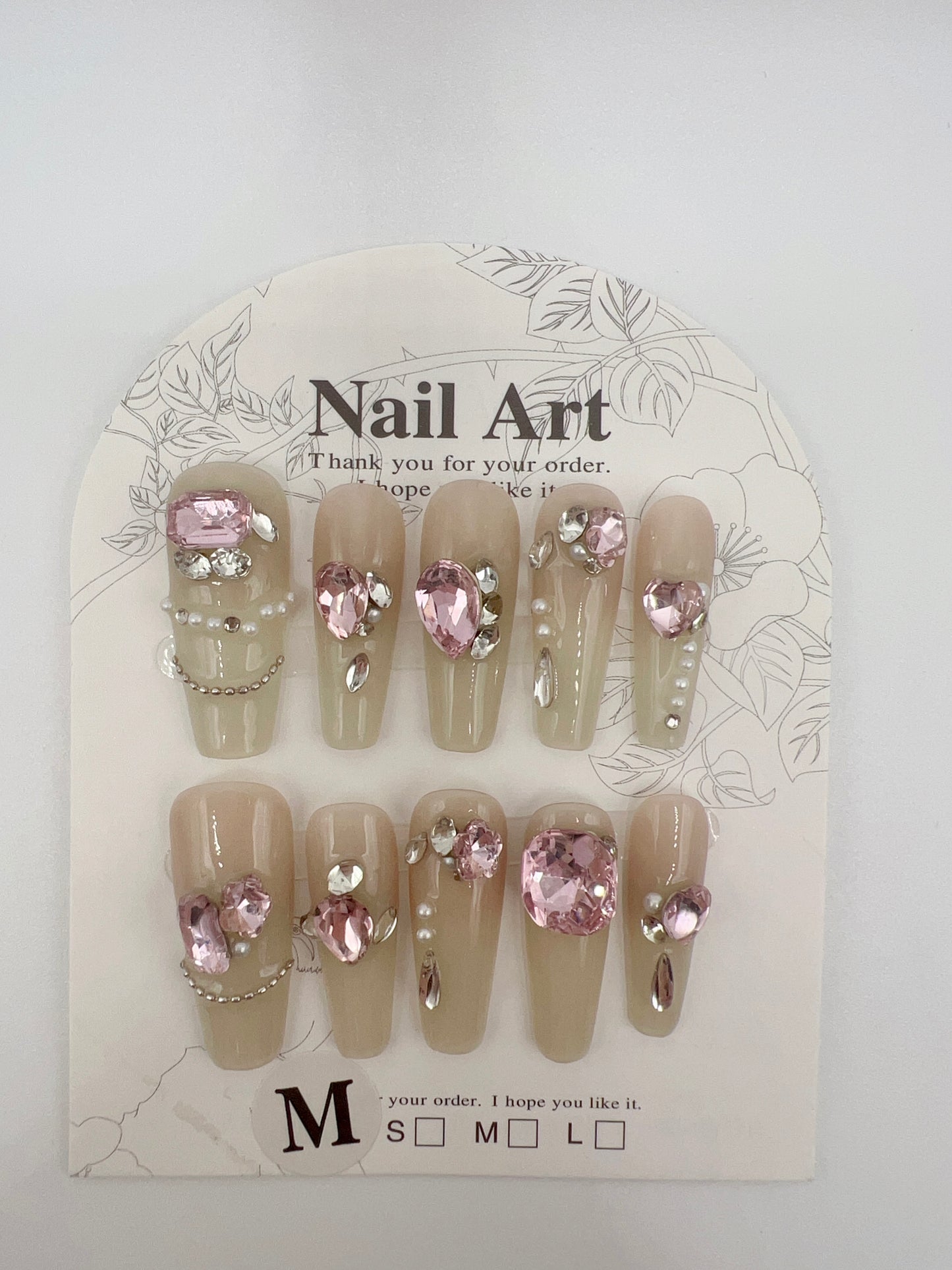 Long Coffin Press On Nails with Rhinestone and Pearl