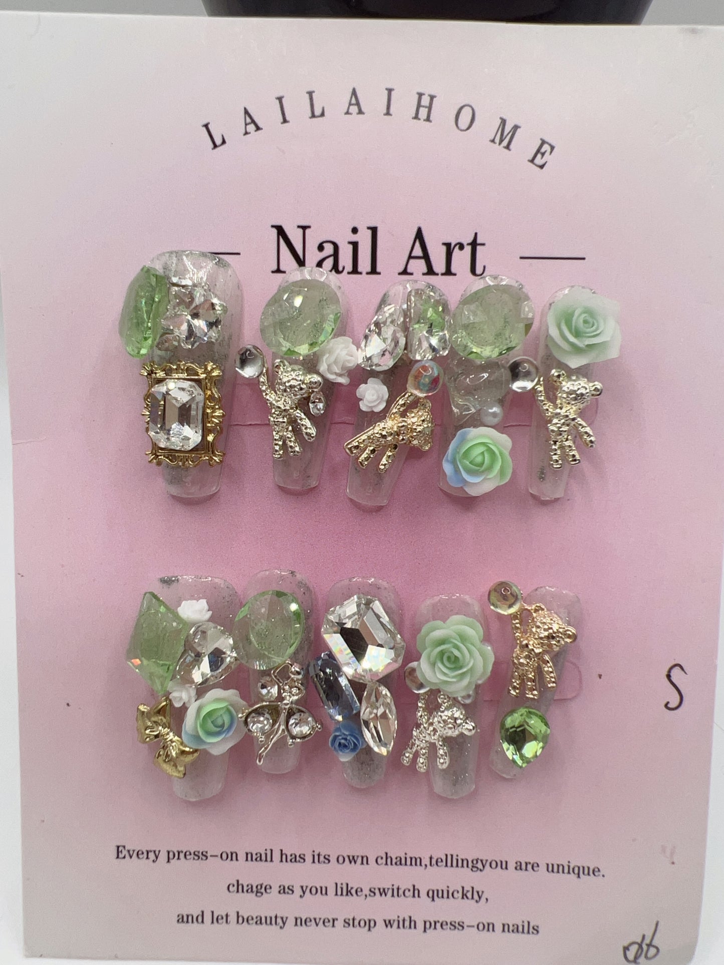 Long Coffin Press-On Nails with Heavy Rhinestones & 2D Flower Charms – 10 Designs, Small Size