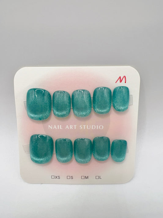 5 Set Short Square Press-On Nails with Cat Eye or Glitter Design