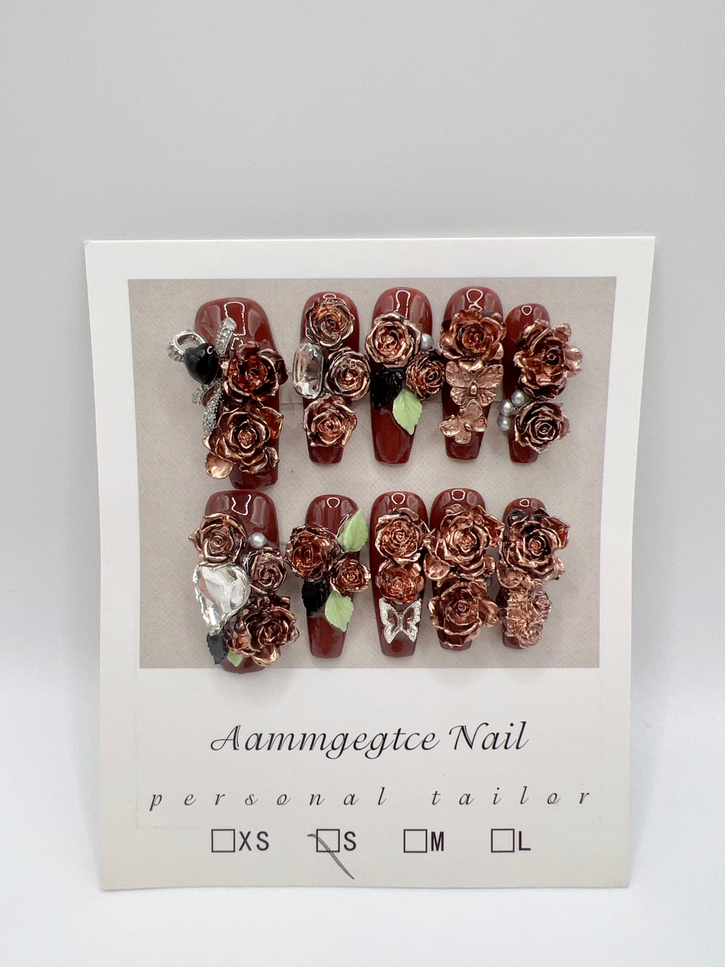 Long Coffin Brown Press-On Nails with Luxury Flower Charms – Small Size