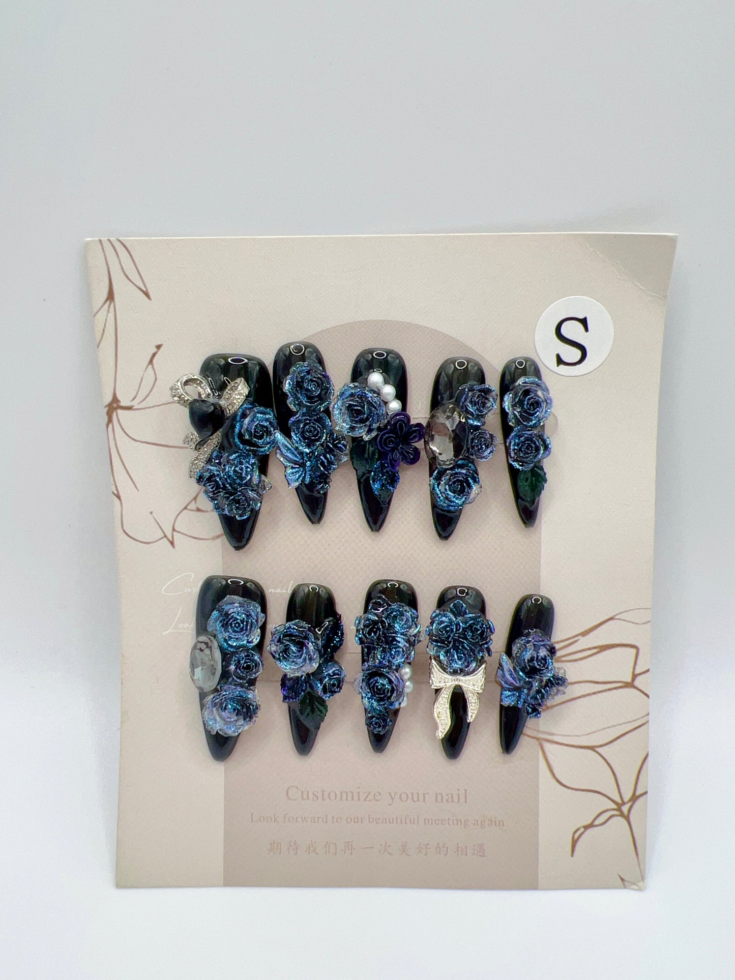 Purple Long Stiletto Press On Nails with Rhinestone 2D Flowers – Small Size