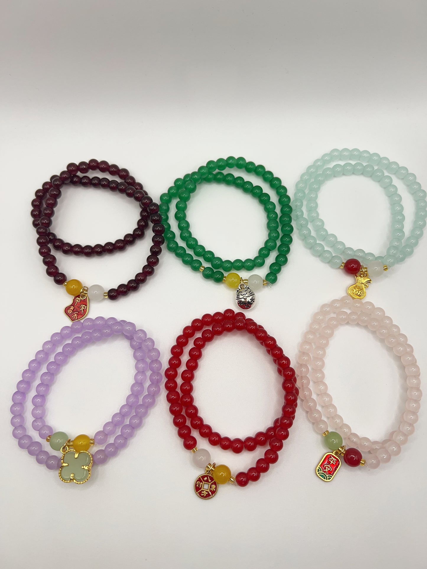 Beaded Double-Layered Stretch Bracelet with Charm – Handmade Stackable Jewelry, 6 Colors