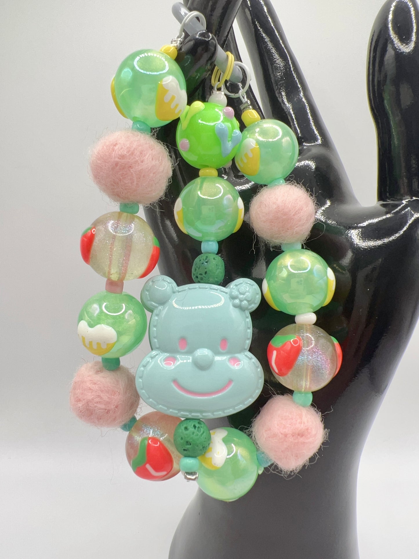 Handmade Kawaii Keychain: Cartoon Bear, Pom Charm