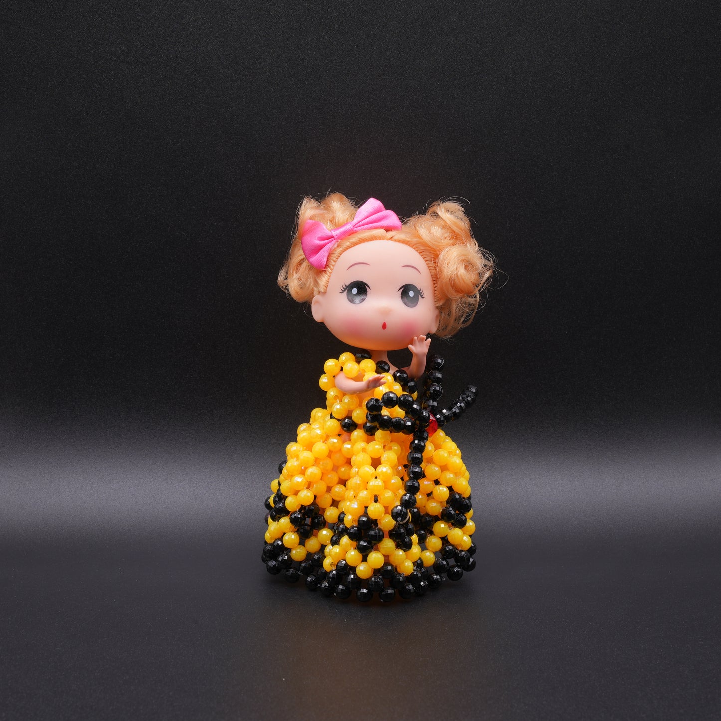 Cute Doll with Handmade Glass Bead Skirt – Collectible Toy Doll, Miniature Dress Accessory