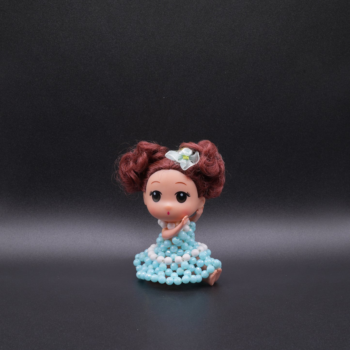 Cute Doll with Handmade Glass Bead Skirt – Collectible Toy Doll, Miniature Dress Accessory