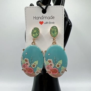 Colorful Rhinestone & Floral Porcelain Drop Earrings – Unique Artistic Jewelry-multi color available
