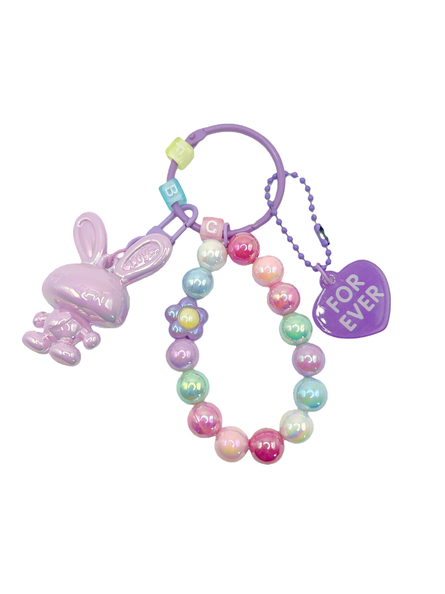 Bright Lacquered Shine Bunny Keychain with Bead Bracelets & Forever Heart Charm – Detachable Cute Bag Chain Accessory, 6 Colors