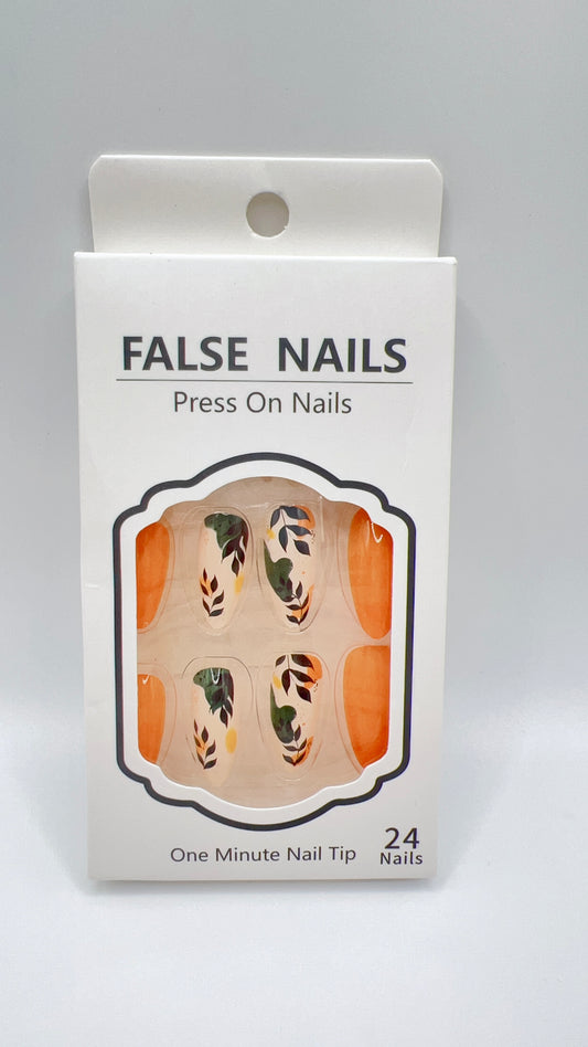 24pcs Almond Press On Nails with Leaf Design Orange 23–25mm Fit All Sizes