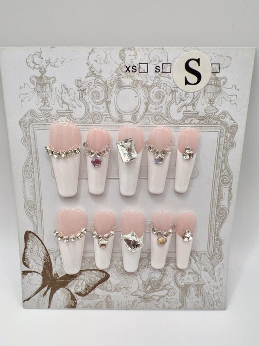 Long Coffin Press-On Nails with Rhinestones French Tip – Small Size