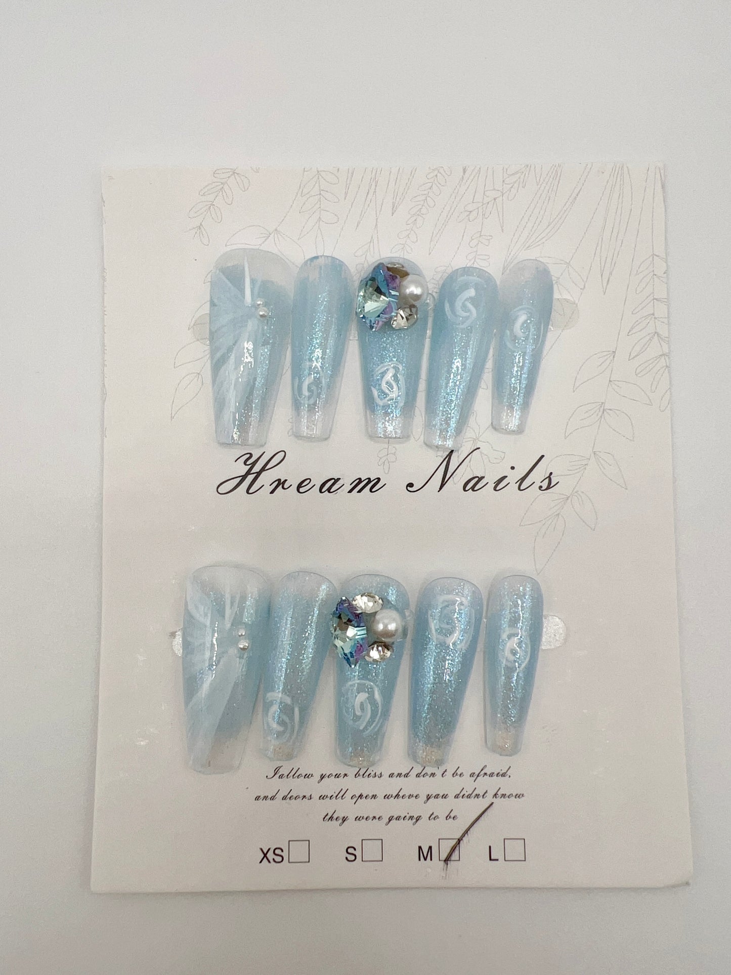 Blue Long Coffin Press On Nails with Rhinestone and Painted Flower