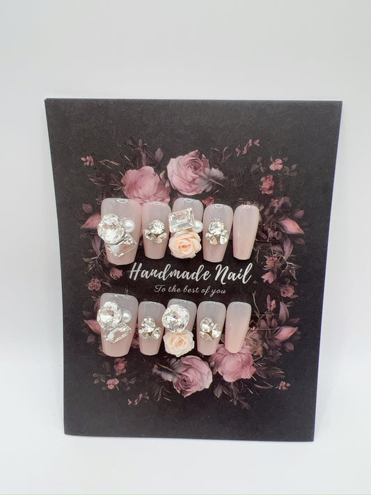 Short Coffin Press-On Nails with Rhinestones & 2D Flower – Medium Size