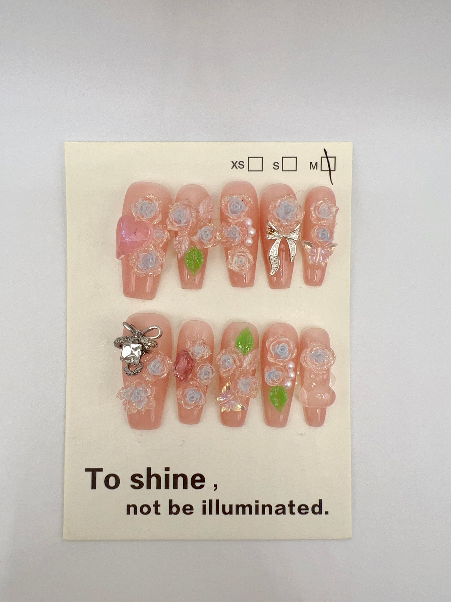 Long Coffin Press-On Nails with Rhinestone and 2D Flowers – Medium Size