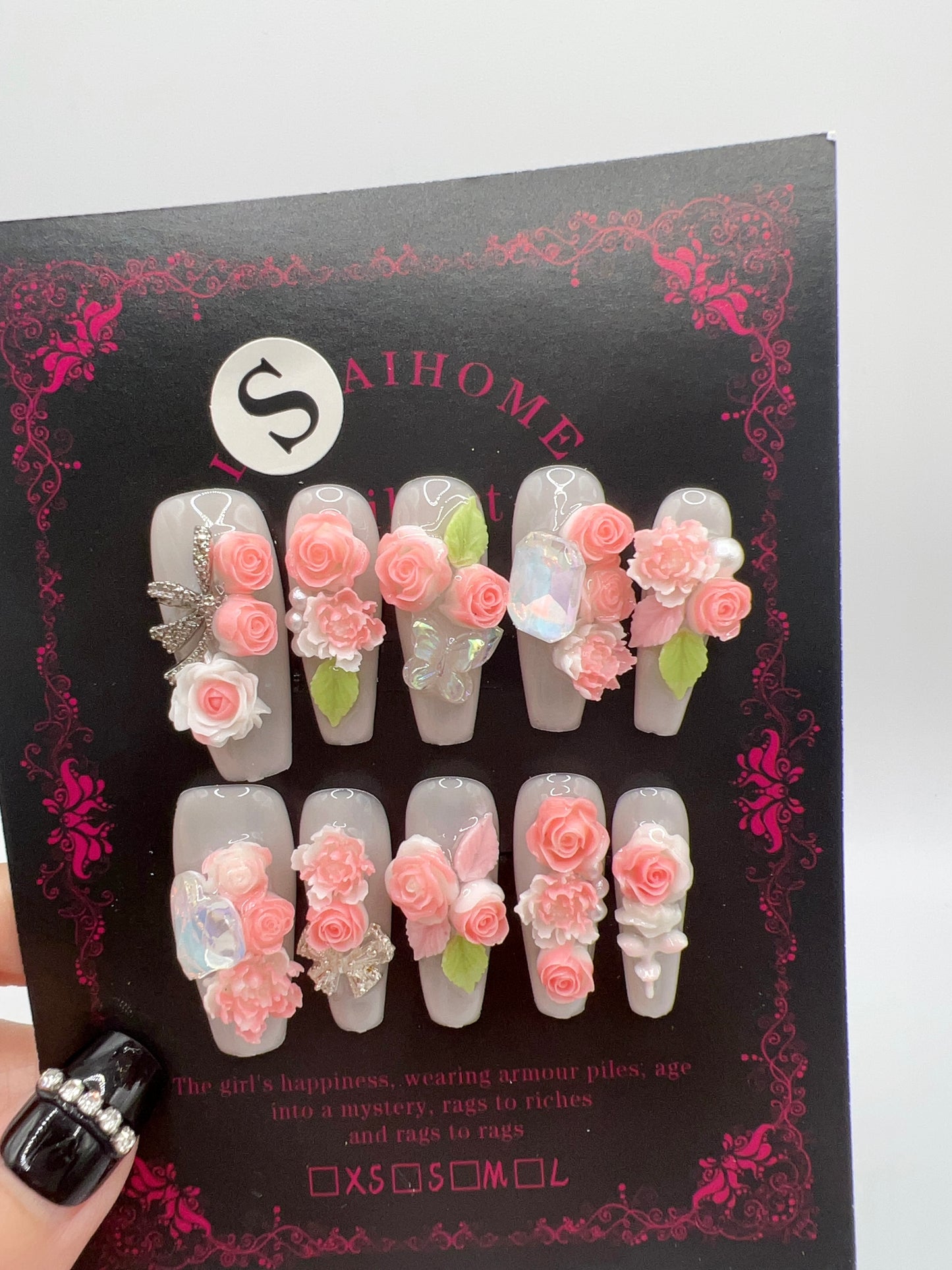 Long Coffin Press-On Nails with Luxury Flower Charms – Small Size