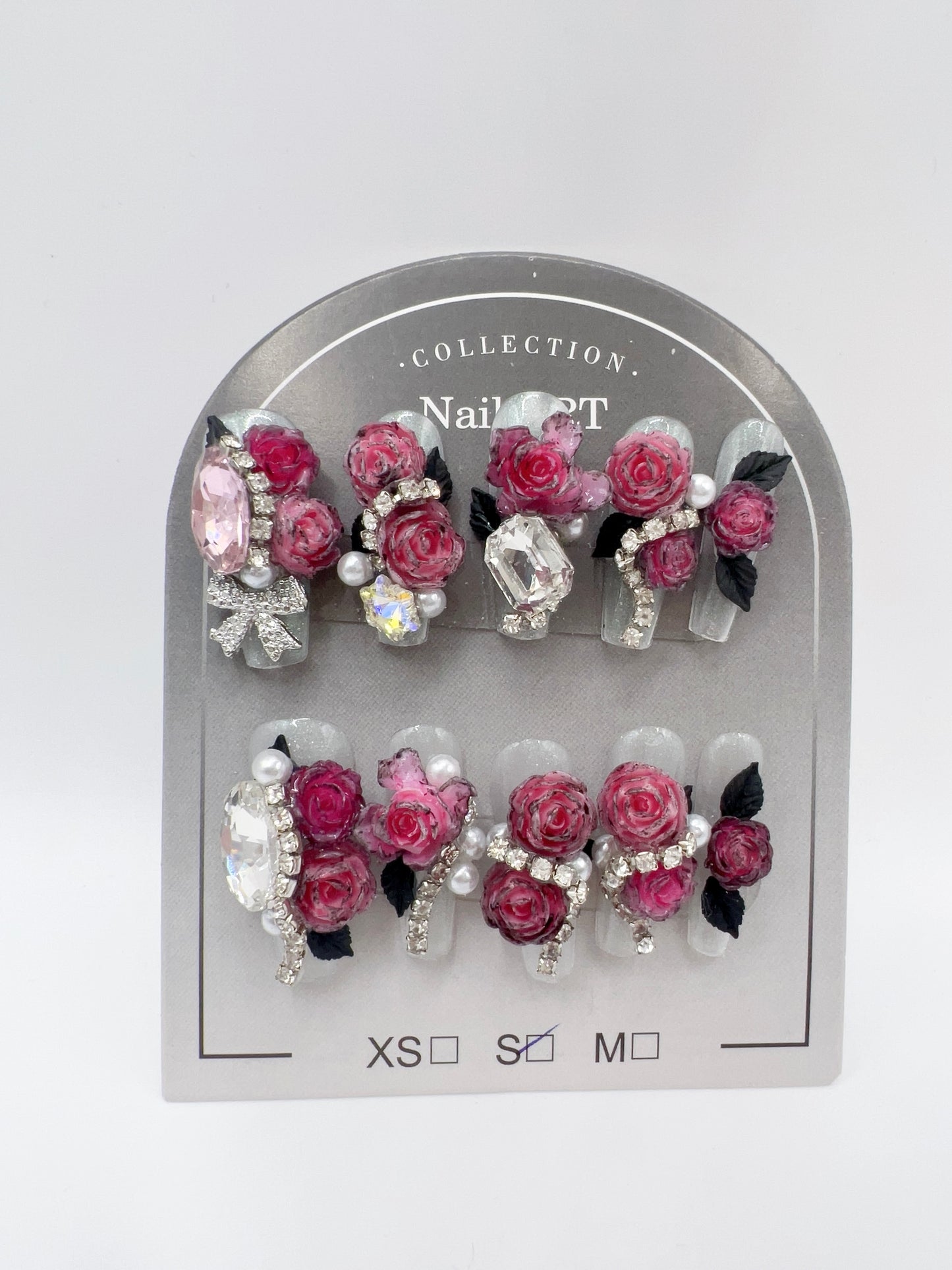 Luxury Rhinestone Press-On Nails with 3D Flower Charms – Long Coffin Shape, Smail Size, Reusable