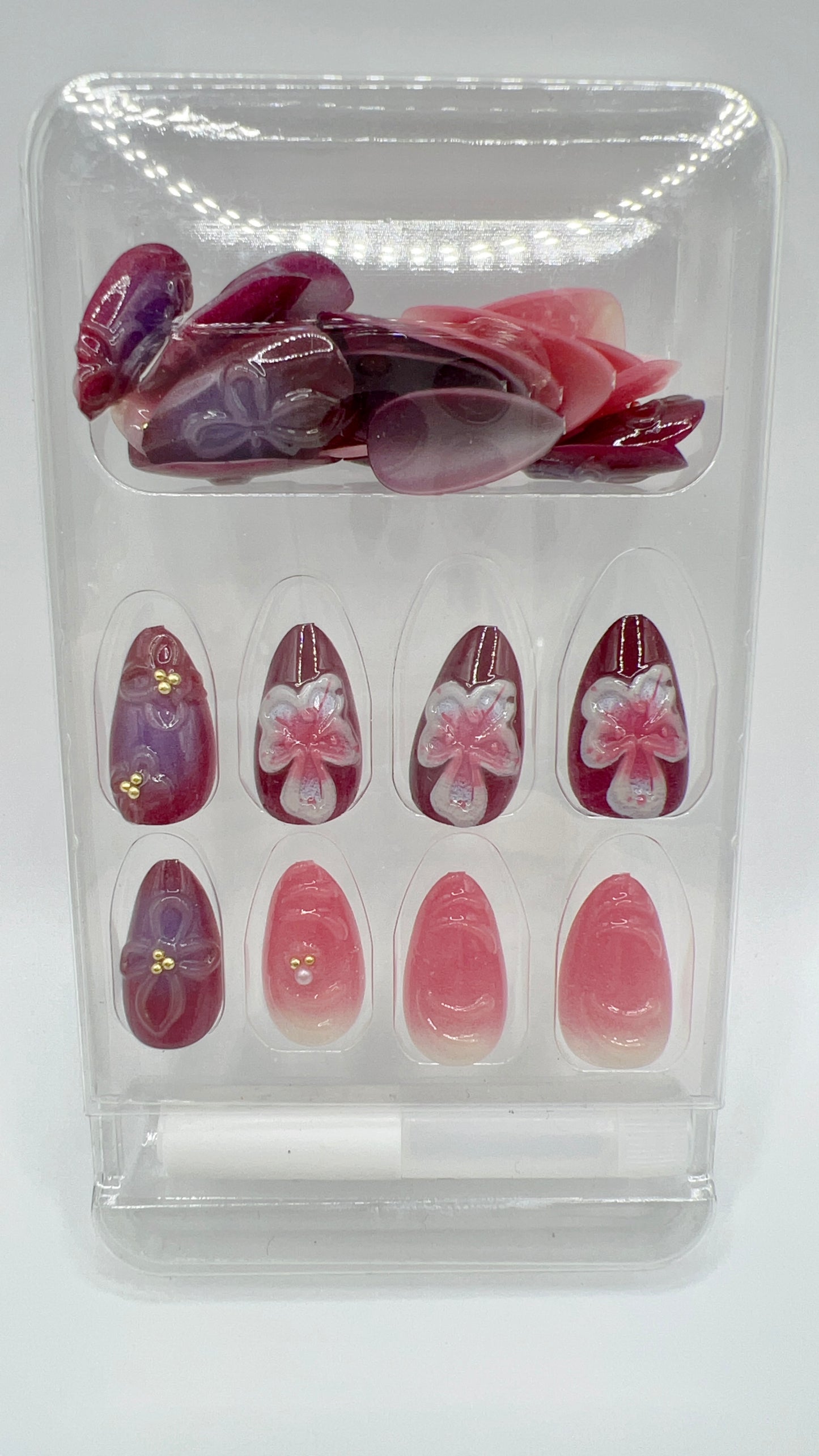 24 pcs Almond Press-On Nails – Flower Design, Wine Red & Pink, Elegant Style