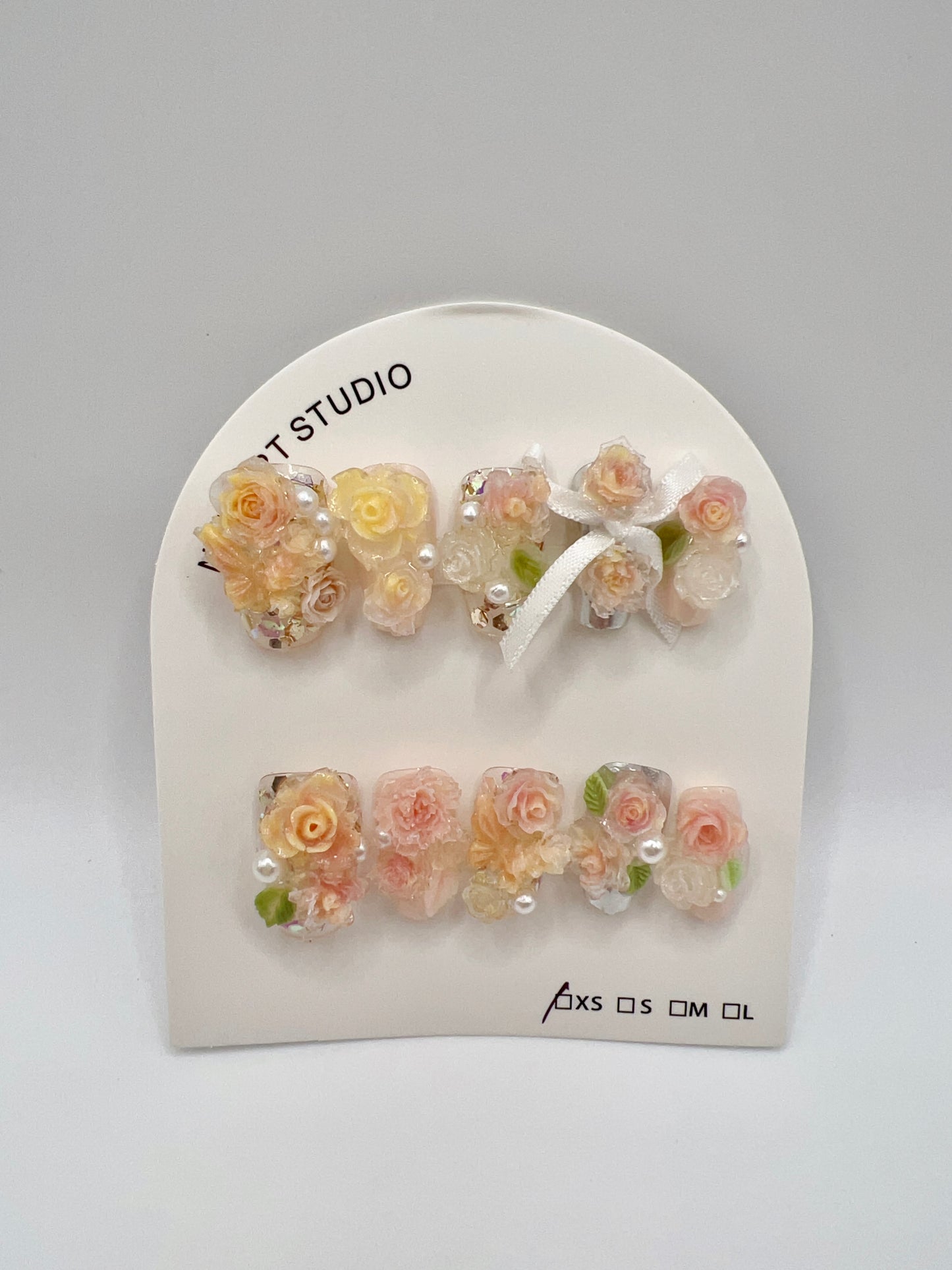 Short Coffin Press On Nails with 2D Flowers and Pearl – Small Size