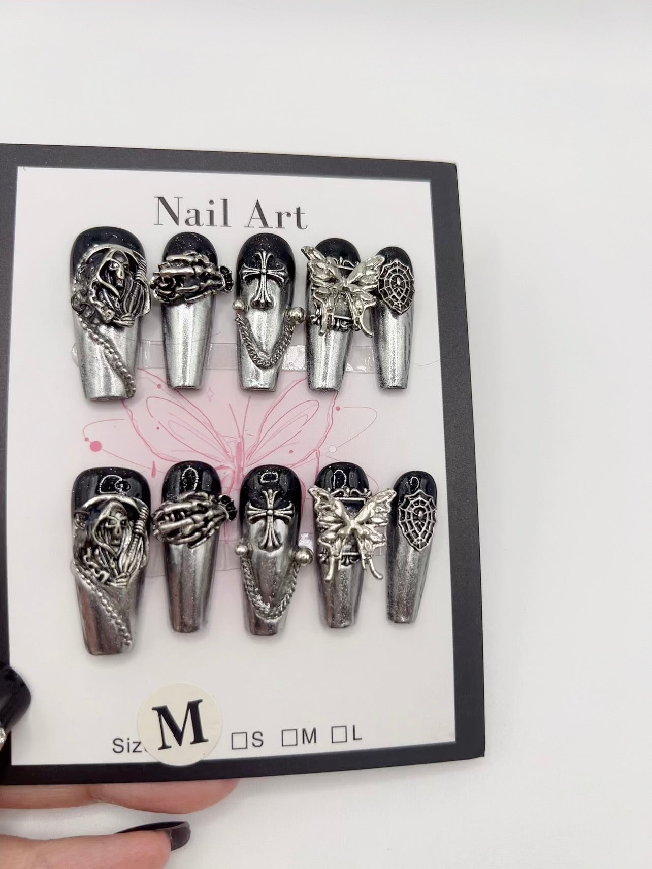 Long Coffin Press-On Nails with Charms – Black Halloween Style