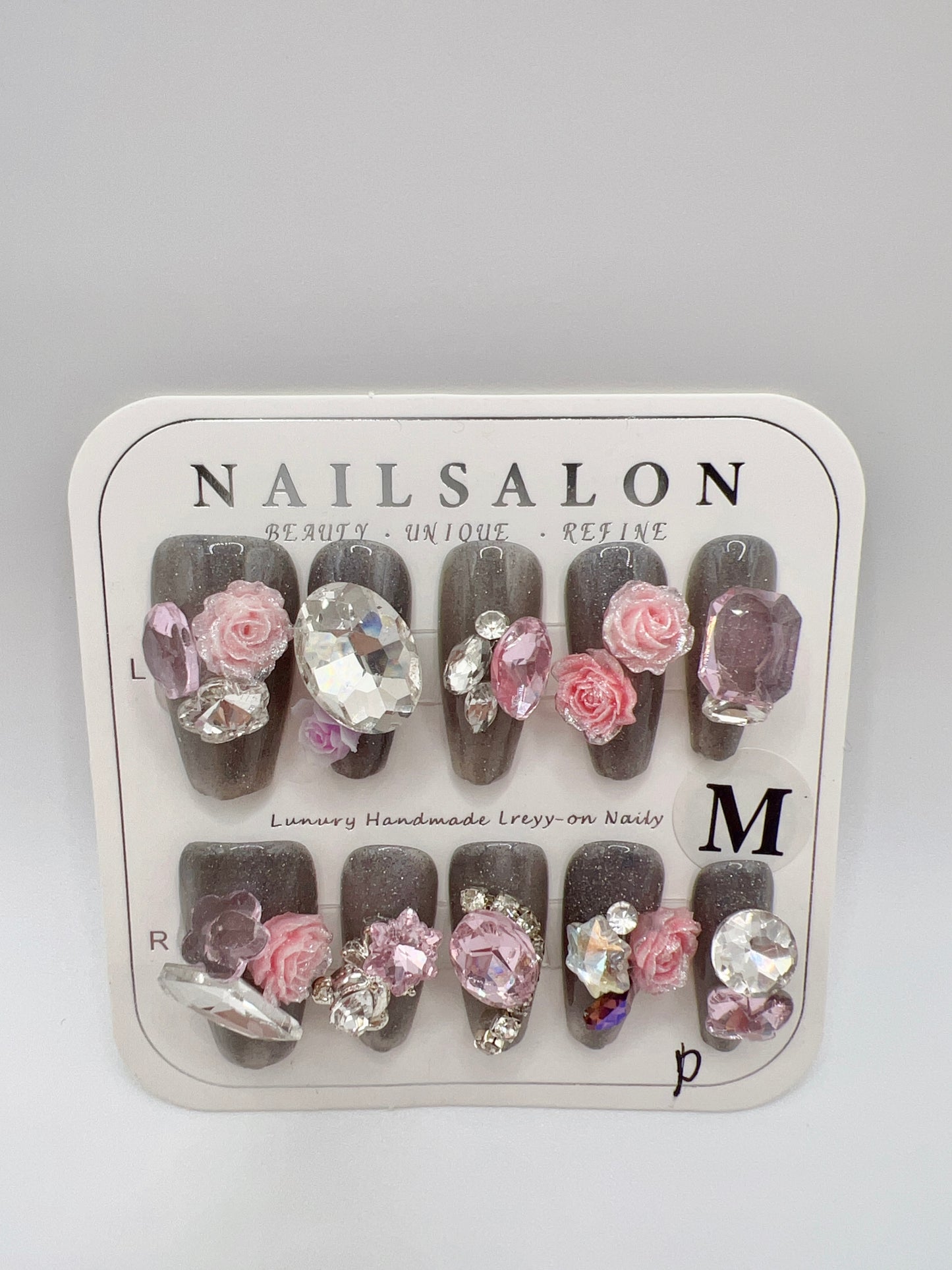 Glitter Medium Coffin Press On Nails with Rhinestone and 2D Flower Charms