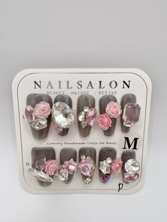 Glitter Medium Coffin Press On Nails with Rhinestone and 2D Flower Charms