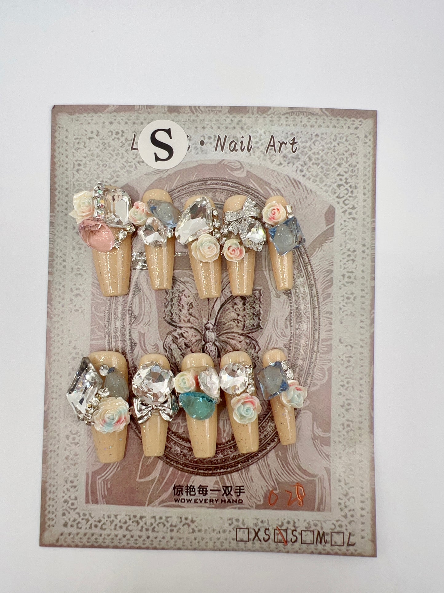 Long Coffin Press On Nails with Rhinestone and 2D Flowers – Small Size