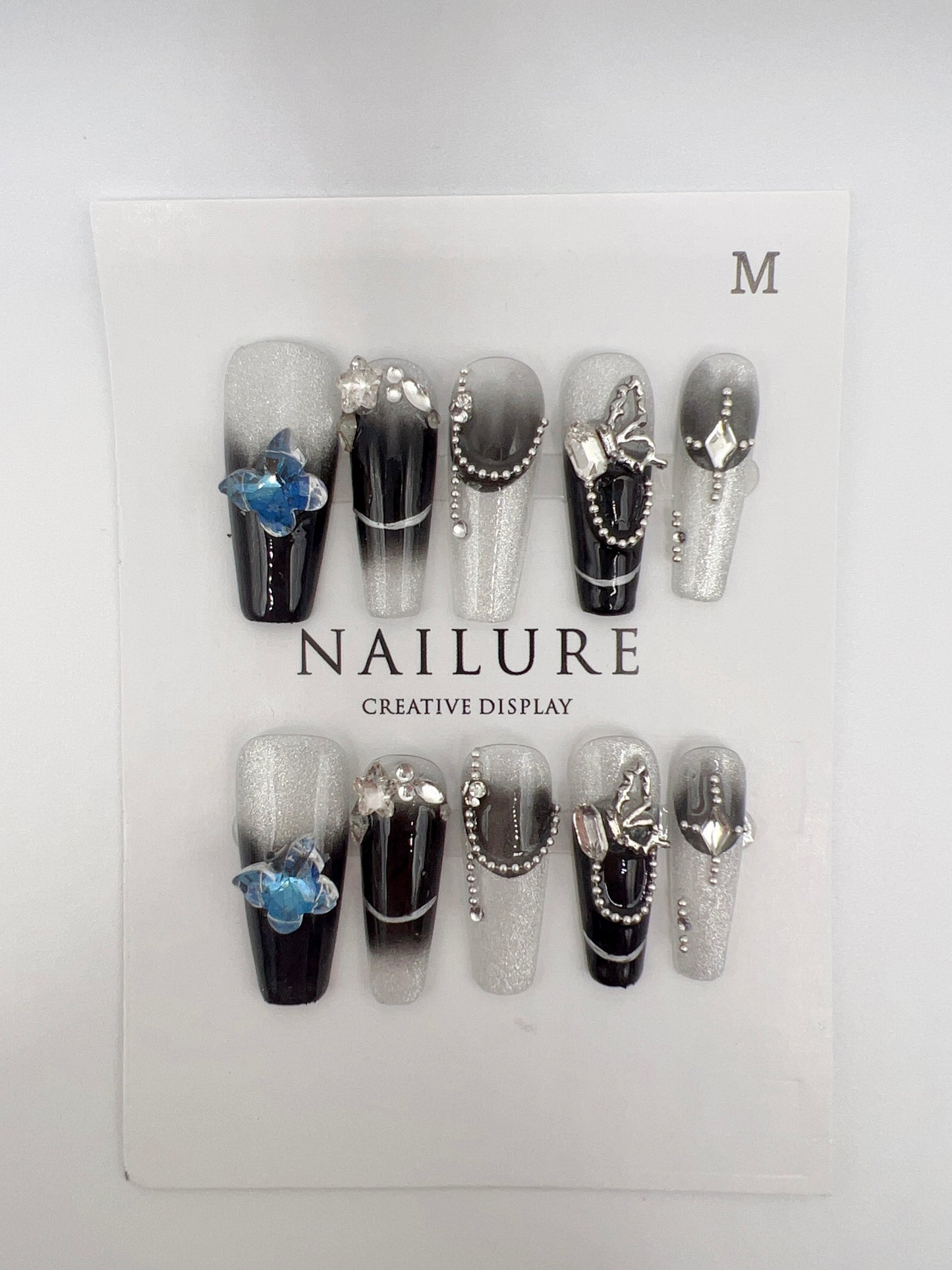 Long Coffin Black Gradient Glitter Press On Nails with Rhinestone – Medium Size