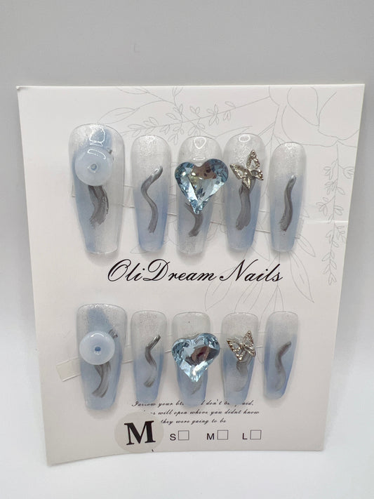 Blue Long Coffin Press On Nails with Rhinestone – Medium Size