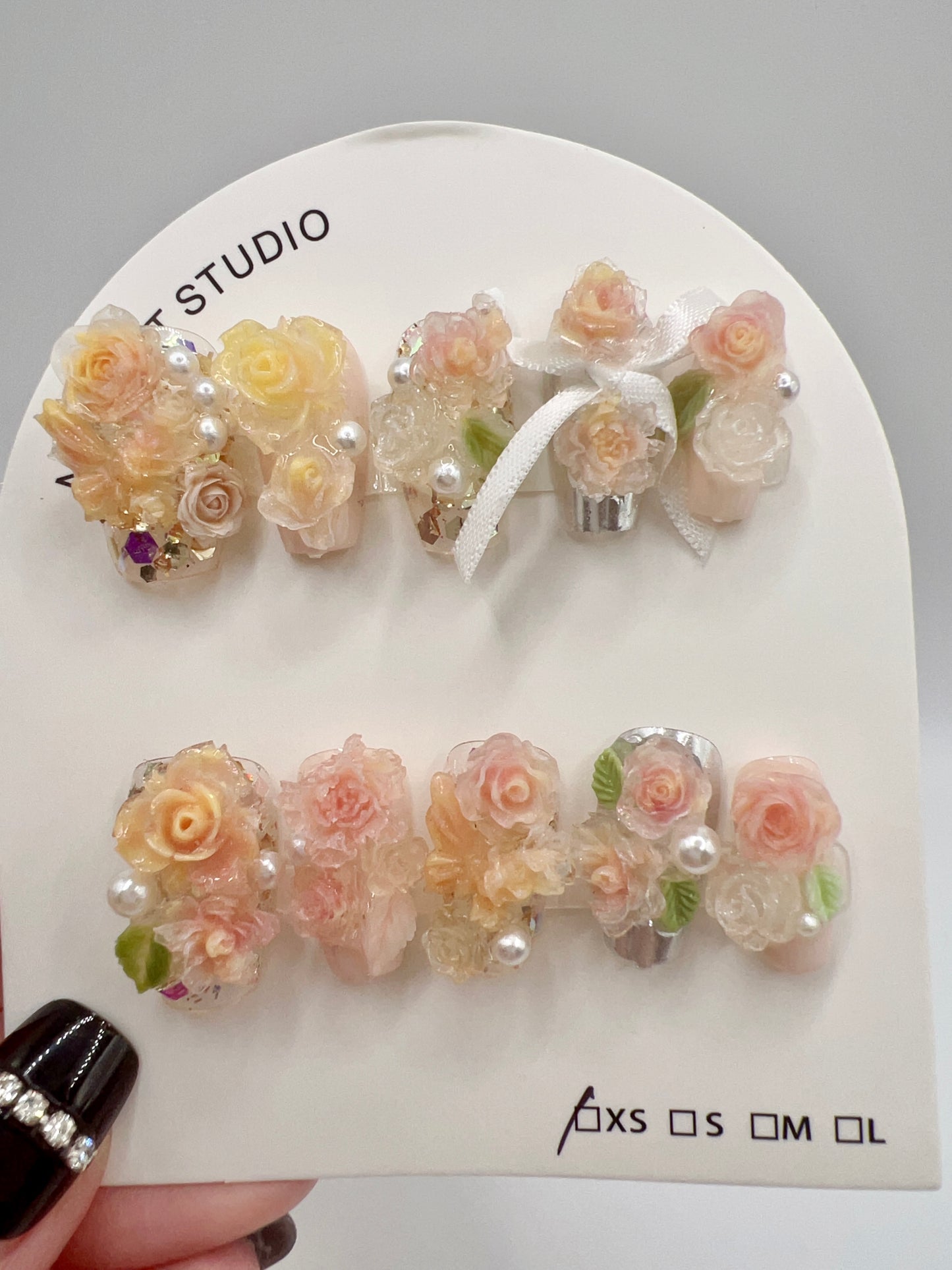 Short Coffin Press On Nails with 2D Flowers and Pearl – Small Size