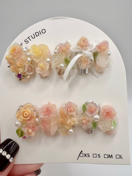 Short Coffin Press On Nails with 2D Flowers and Pearl – Small Size