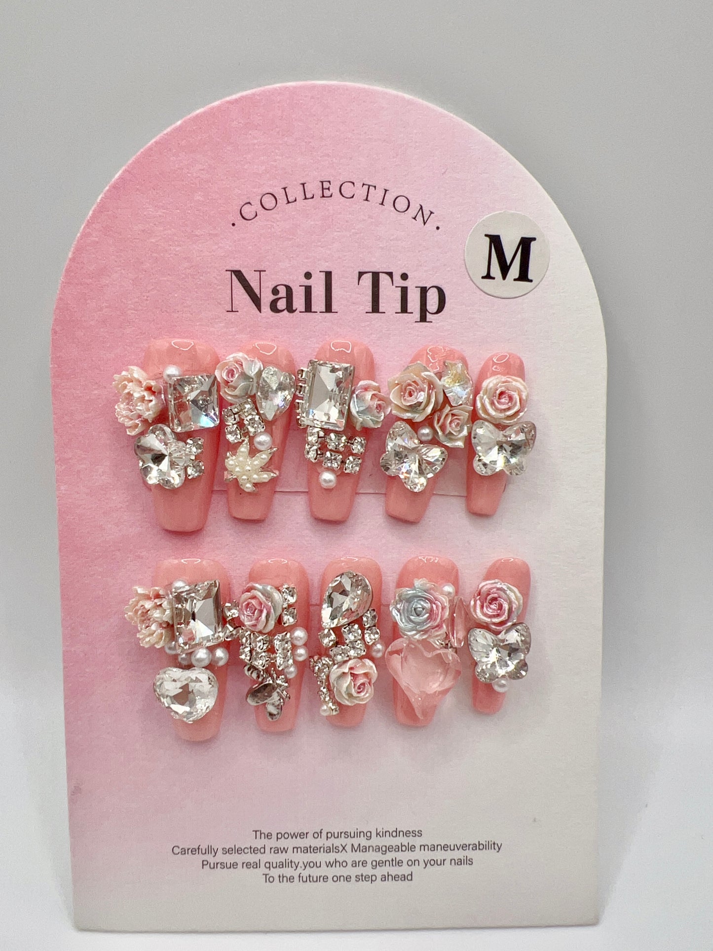 Long Coffin Press-On Nails with Heavy Rhinestones & 2D Flower Charms – Medium Size