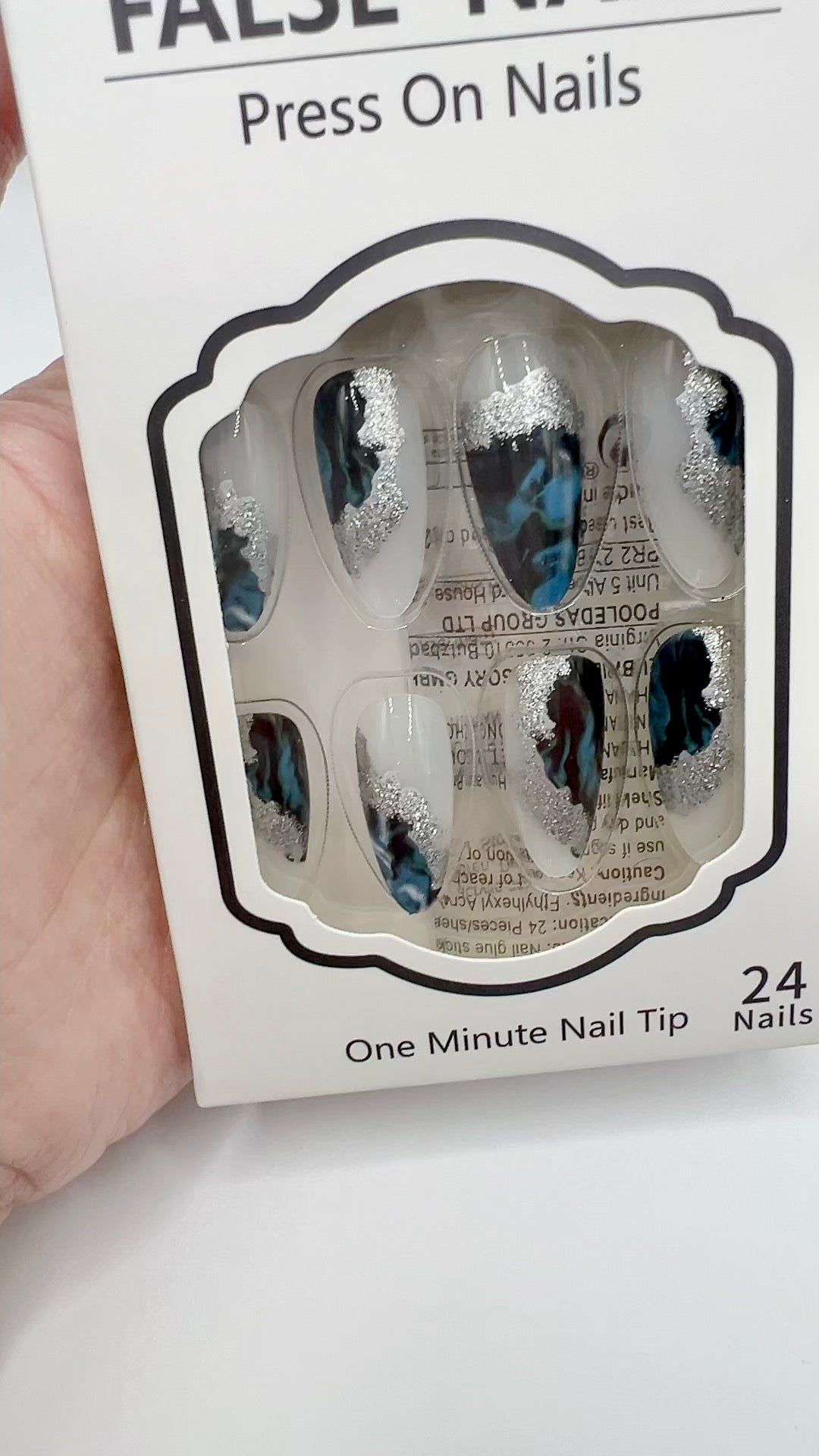 24pcs Almond Press On Nails Blue Gradient with Silver Glitter 23–25mm Fit All Sizes