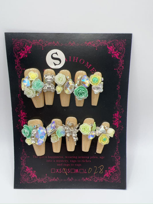 Long Coffin Press On Nails with Rhinestone and 2D Flowers – Small Size