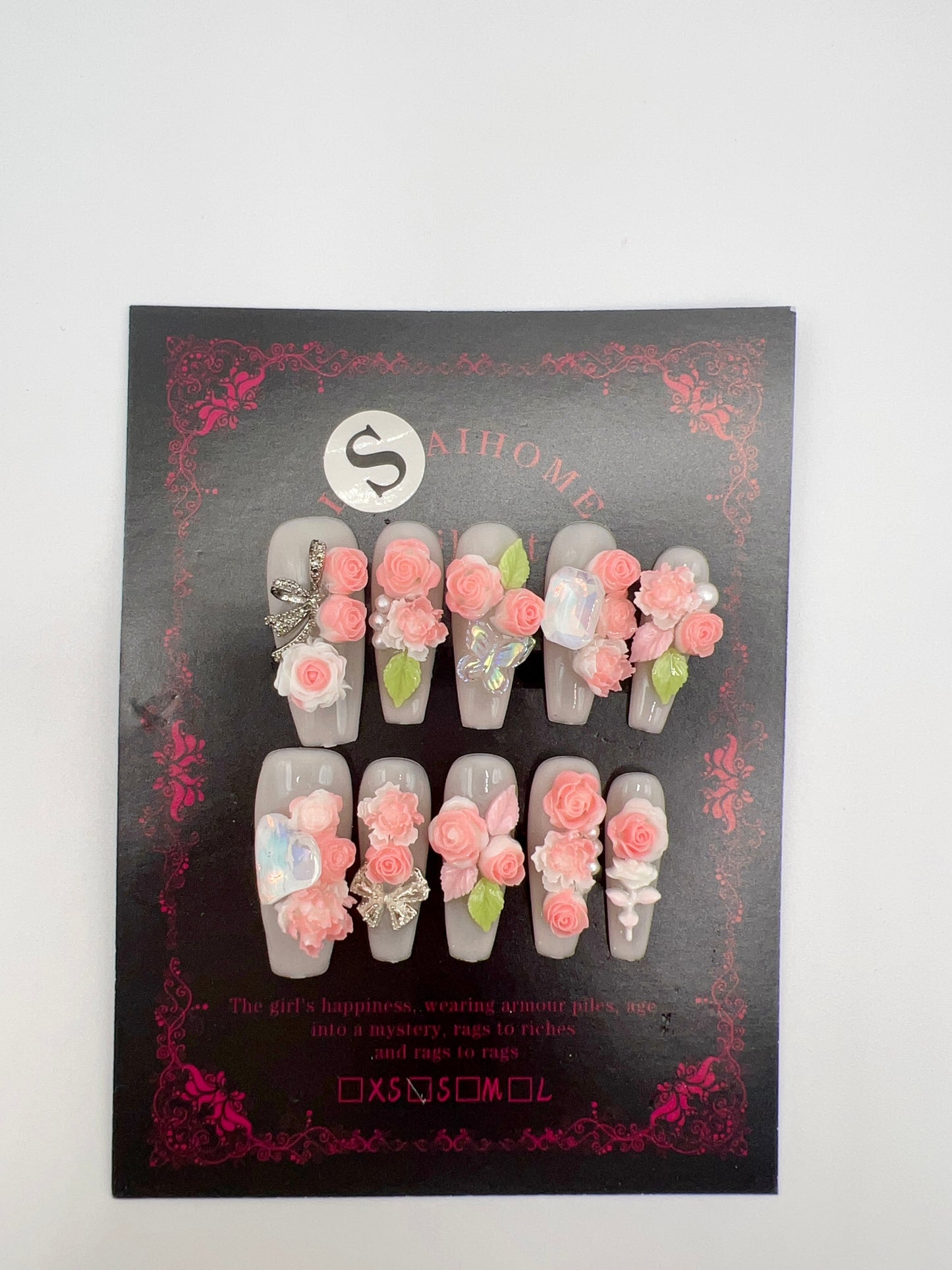 Long Coffin Press-On Nails with Luxury Flower Charms – Small Size