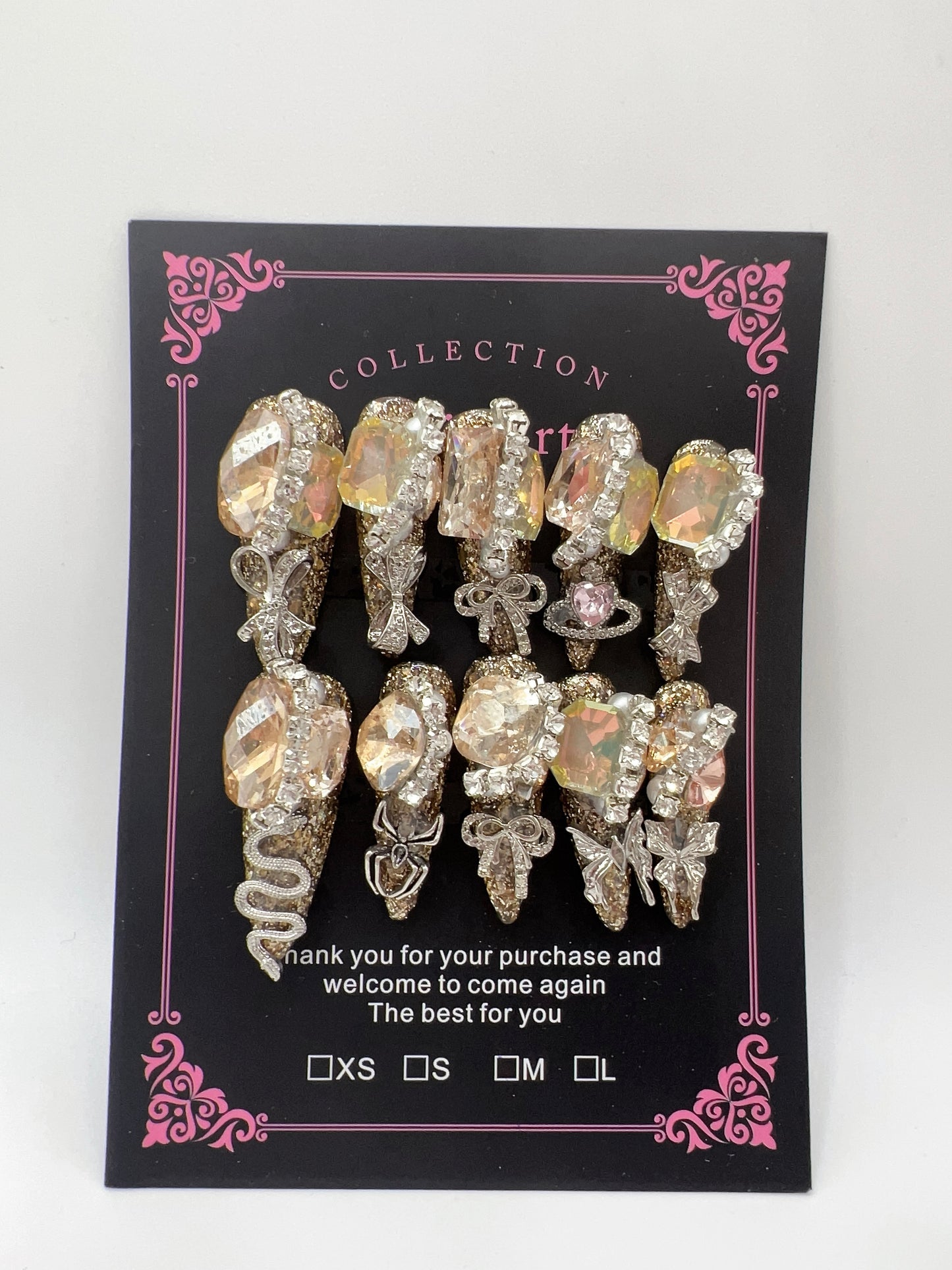 Luxury Rhinestone & Charm Press-On Nails – Glitter Stiletto Long Length, Medium Size