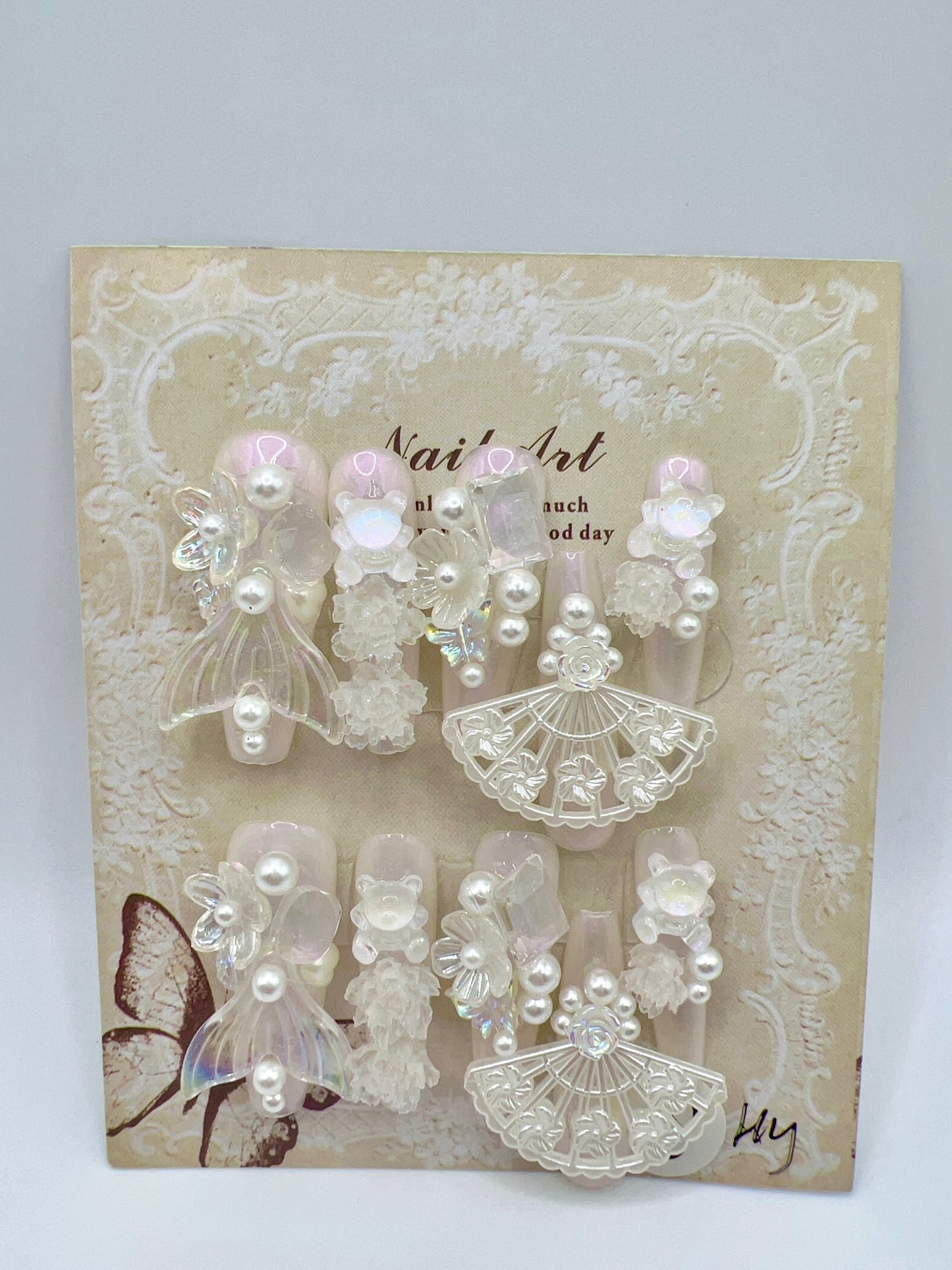 White Extra-Long Coffin Press-On Nails with Multiple Charms – Small Size