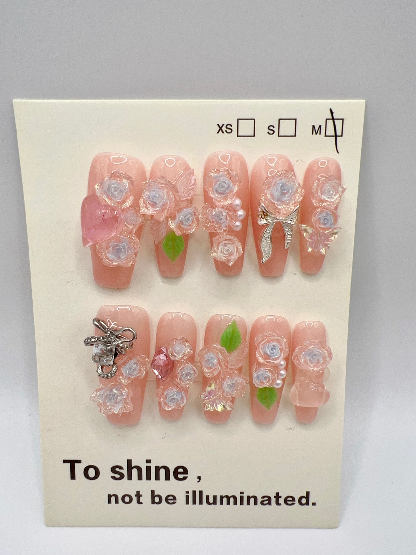 Long Coffin Press-On Nails with Rhinestone and 2D Flowers – Medium Size