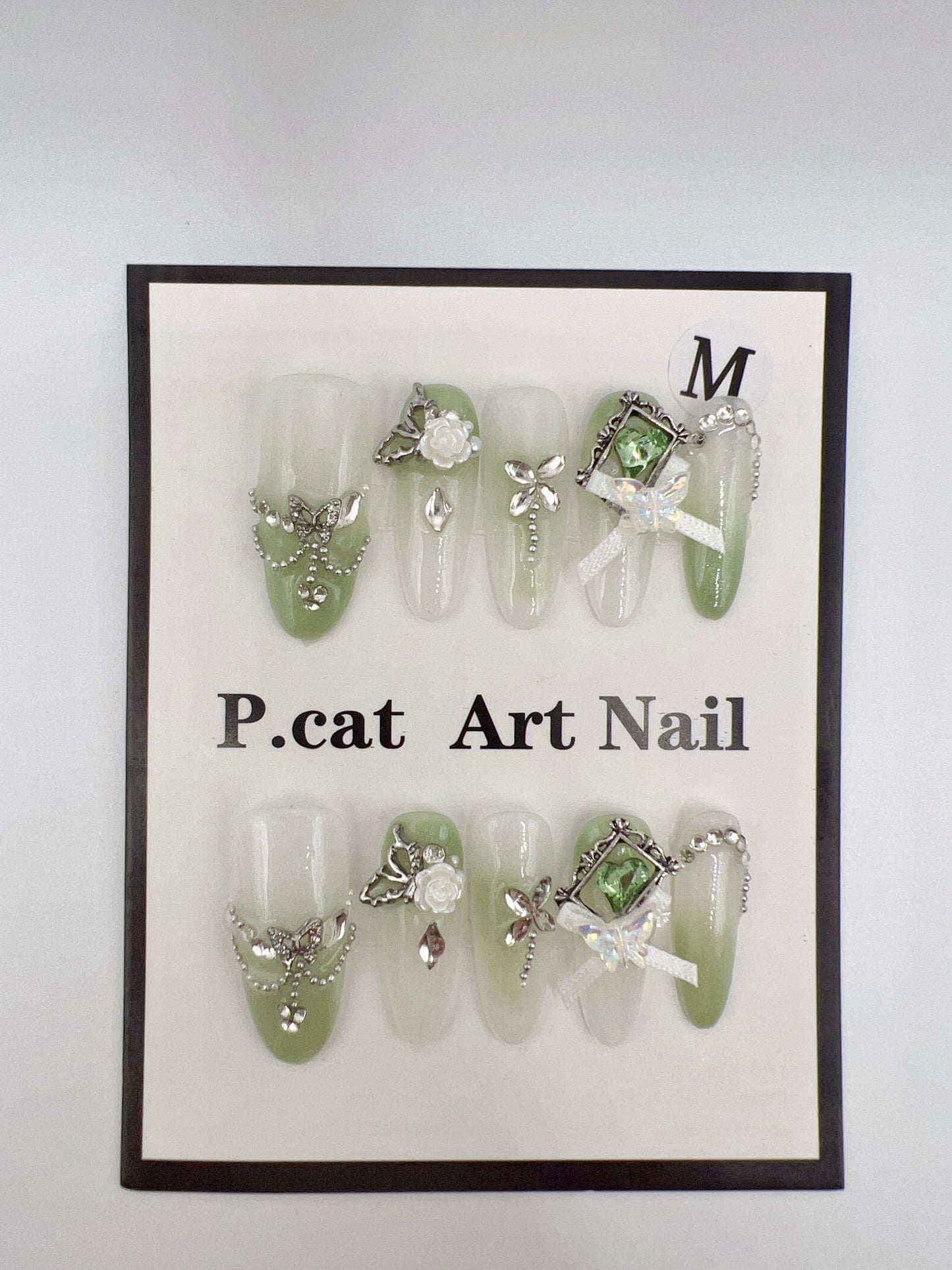 Long Oval Green Gradient Press On Nails with Charms – Medium Size