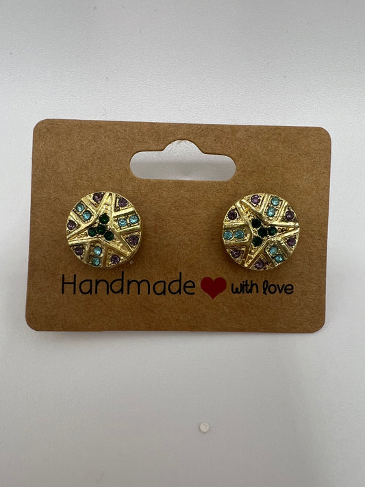 Gold Disc Earrings with Colorful Rhinestones | Chic & Vibrant | Statement Studs